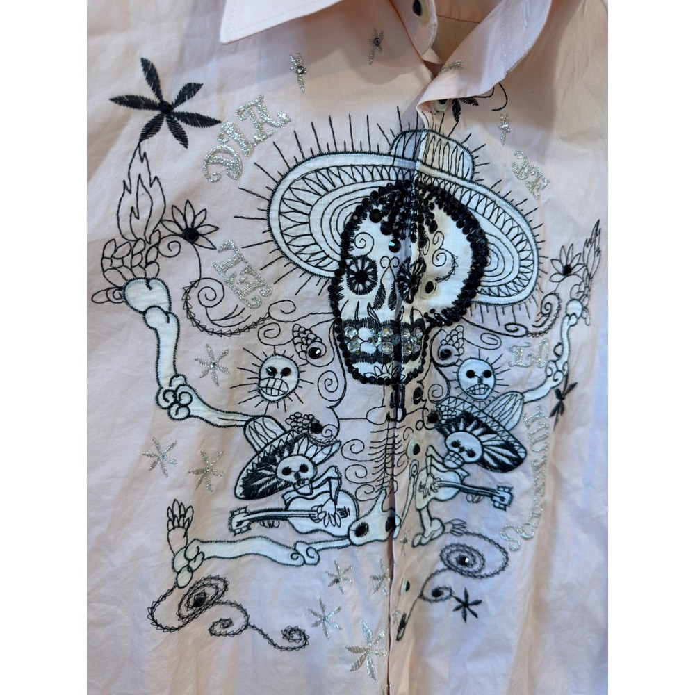 Energie Gold Button Up Shirt Mens L Pink Dia de los Muertos Skull Y2K - Picture 4 of 9